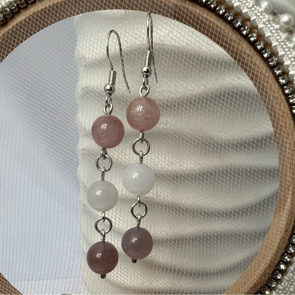 Rose Quartz and Milky White Jade Beaded Dangle Earrings